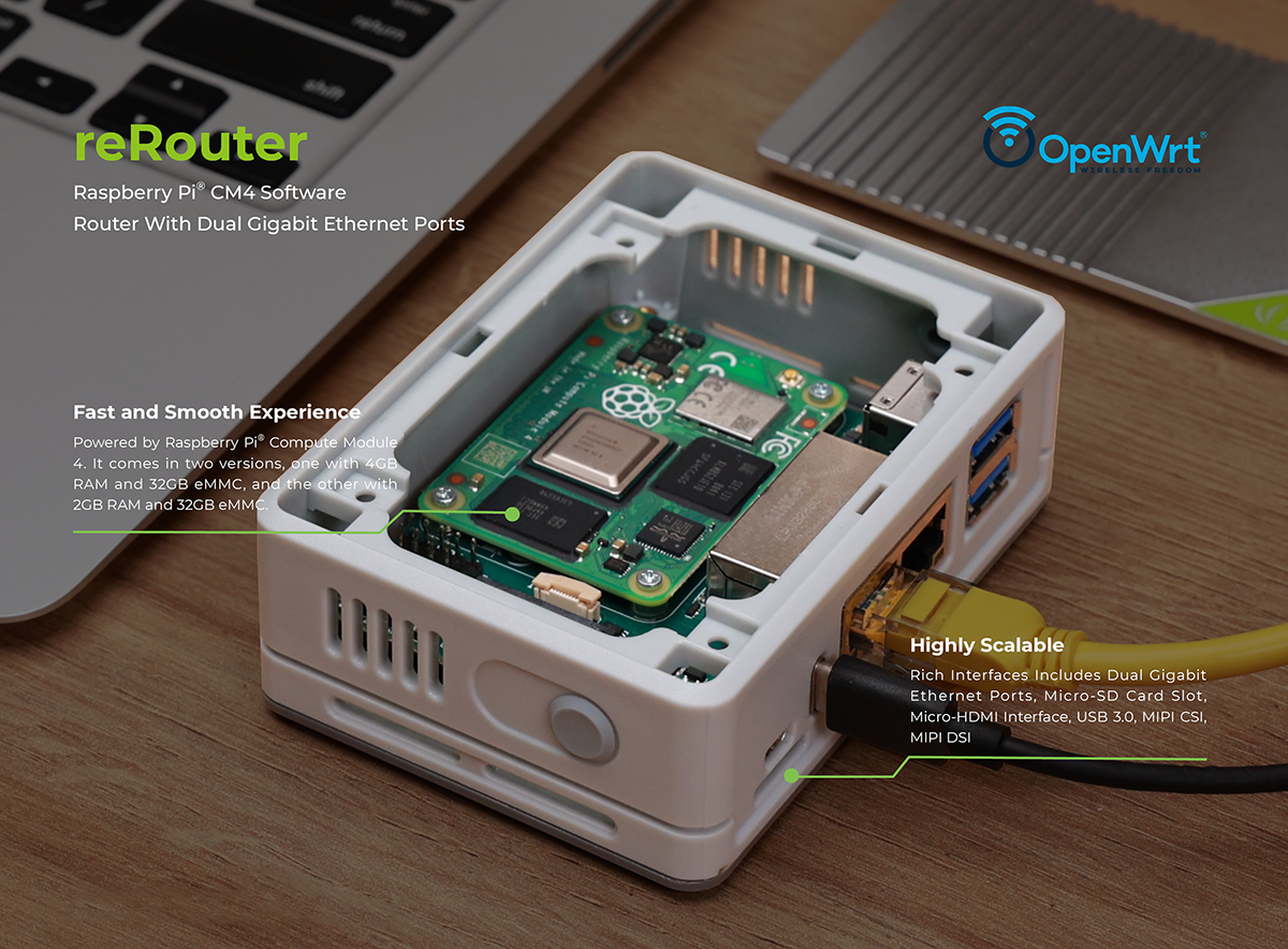 reRouter CM4 1432 - Raspberry Pi Based Mini Router, Travel Router, Dual Gigabit Ethernet, OpenWRT OS