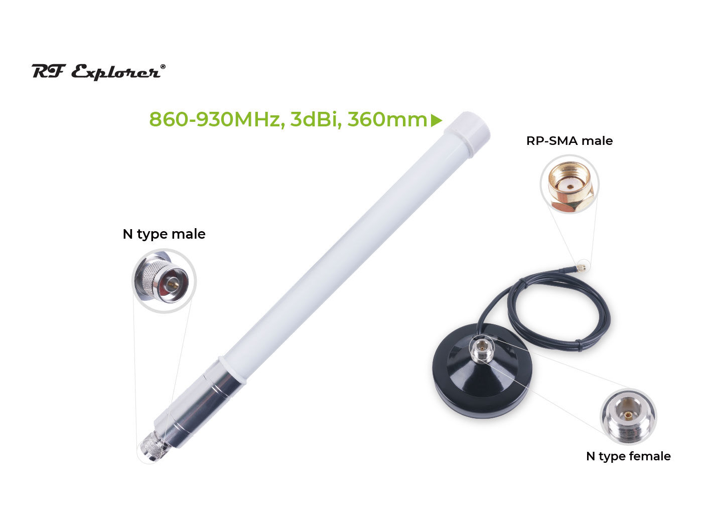 Fiberglass Antenna Kit with base For Helium; 860-930MHz-3dBi-360mm