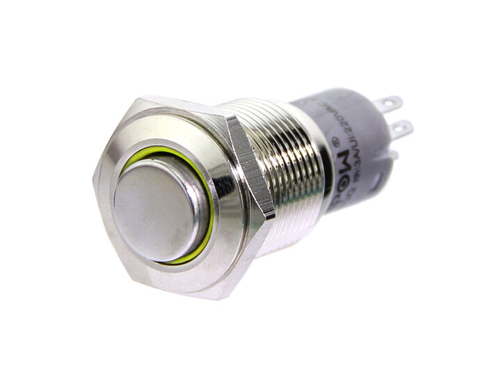 16mm Momentary Metal Illuminated Push Button - Yellow LED