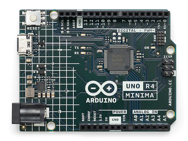 Arduino UNO Rev4 Minima, 32-bit microprocessor, Arm® Cortex®-M4, 12-bit DAC, CAN BUS, and OP AMP, 6-24V, SWD connector, HID support